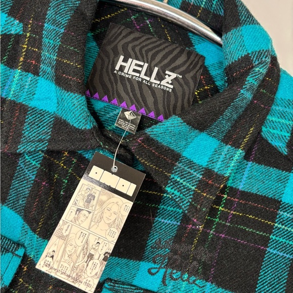 NWT HELLZ TEAL BLACK PLAID COLLARED BUTTON UP LONG SLEEVE 100% COTTON, SMALL - Picture 11 of 15